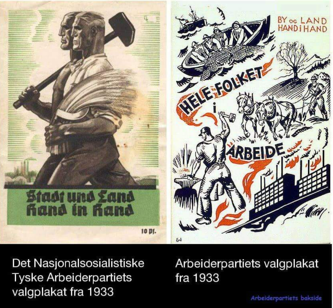 Valgplakater fra 1933: Det Nasjonalsosialistiske Tyske Arbeiderpartiet og Arbeiderpartiet i Norge.