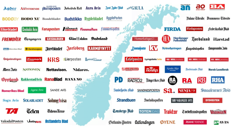 Grafisk oversikt over Amedias norske lokalaviser og digitale medier spredt over hele Norge, illustrert med avisenes logoer og et Norgeskart.